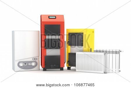 Set Of Heating System Objects. Solid Fuel Boiler, Boiler And Radiators For Heating On White Backgrou