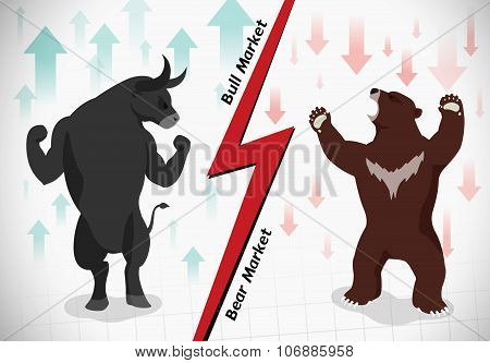 Stock Market Concept Bull And Bear are facing and fighting