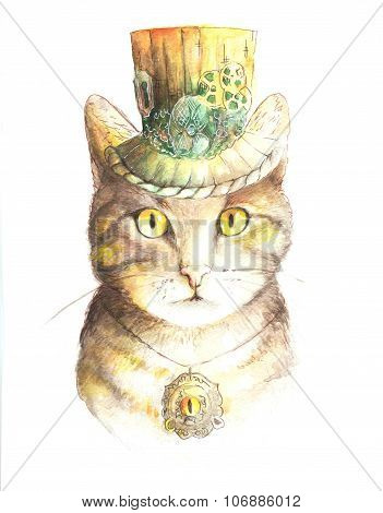 watercolor steampunk cat