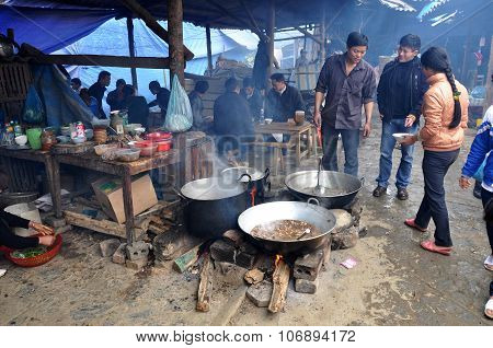 Meat Boiling In A Caldron In Bac Ha Market, Vietnam