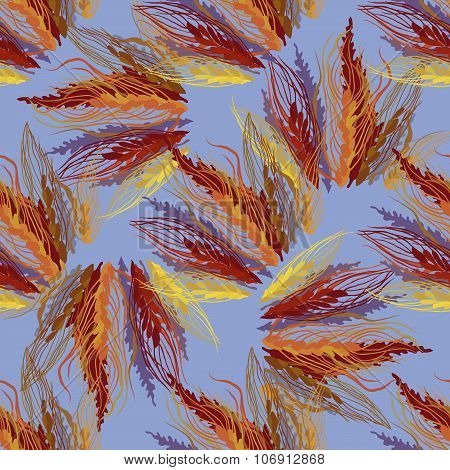 Ears of wheat. Seamless pattern. Reddish-brown and blue colors.