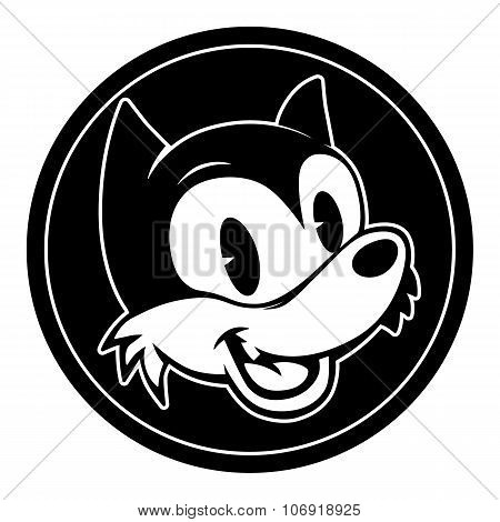 Vintage cartoon. Smiling and winking retro cartoon wolf character in black circle.