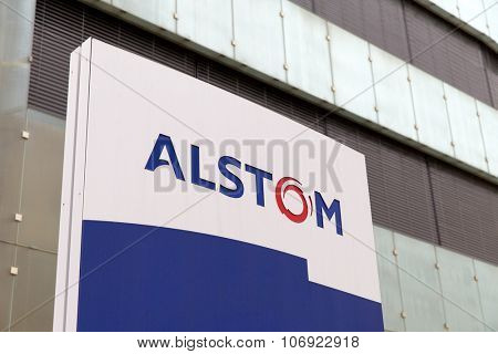 BADEN, SWITZERLAND. October 31, 2015. Last days of the Alstom logo in front of the building of thermal power headquarters before merger and acquisition of General Electric on 2nd November 2015.