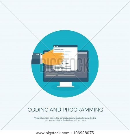 Vector illustration. Flat concept background, coding and programming. Search engine optimization.