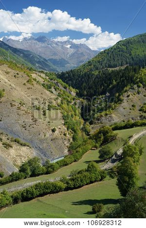 Mountain landscape. Sunny summer day. The village Lahili. Zemo Svaneti, Georgia 