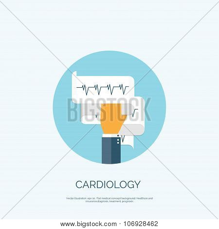 Vector illustration with cardiogramm. Flat health care and medical research background. Healthcare s