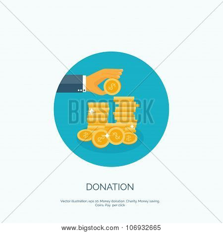 Vector illustration. Flat background with hand and money. Monay making and saving. Pay per click and