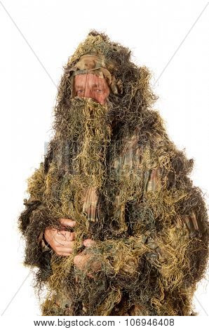 Man in Ghillie suit isolated on white