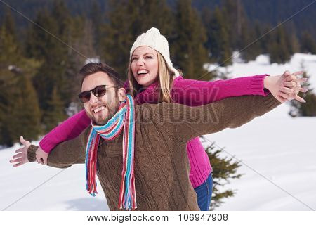 portrait of happy young romantic tourist  couple outdoor in nature at winter vacation