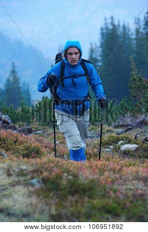 advanture man with backpack hiking on mountain forest
