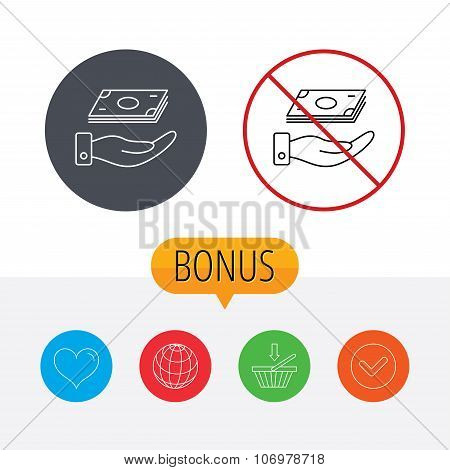 Save money icon. Hand with cash sign.