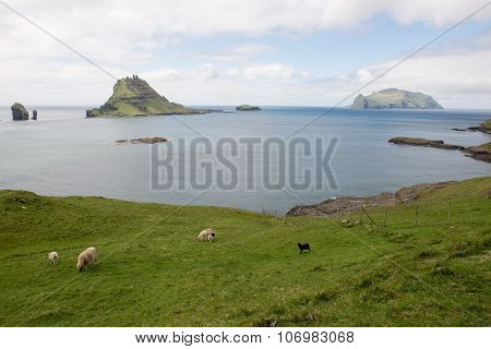 The Islands Gasholmur And Tindholmur And  Mykines On The Faroe Islands
