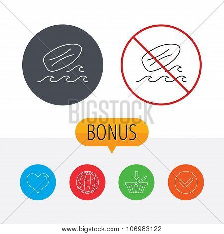 Surfboard icon. Surfing waves sign.