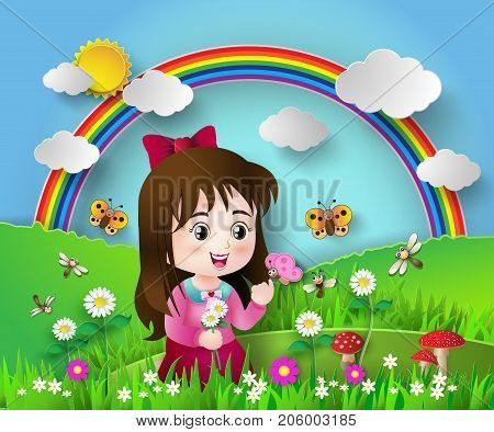 Cute girl sitting in a flower garden with rainbow