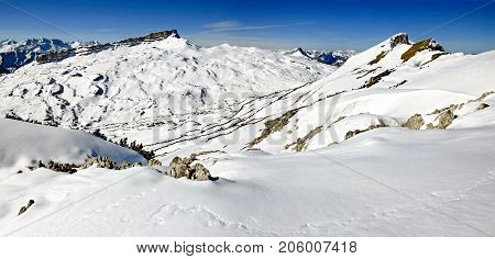 Snow mountains winter landscape on sunny day. Allgaeu Alps, Ifen, Bavaria.