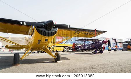 Sivrihisar Eskisehir Turkey - September 17 2017: Sivrihisar Airshows (SHG) small aviation event displayed in SUSHM. Aerobatic airplanes 