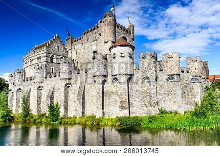 Gent Belgium. Gravensteen is a castle in Ghent built in 1180 AD medieval river Lieve West Flanders