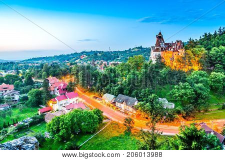 Bran Castle Romania. Stunning HDR twilight image of Dracula fortress in Transylvania medieval landmark.