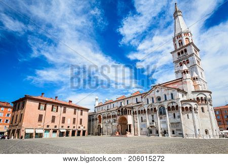 Modena Italy - Piazza Grande and Modena Cathedral Roman Catholic church world heritage site.