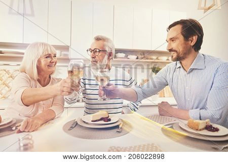 Full of joy. Positive friendly smiling adult man sitting at the table with his retired parent and enjoying meal while drinking wine