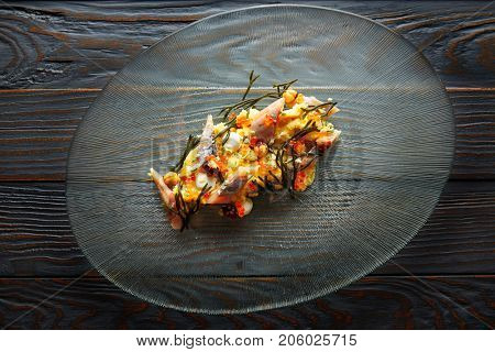 Smoked sardines salad with creamy cheese corn codium and hazelnuts