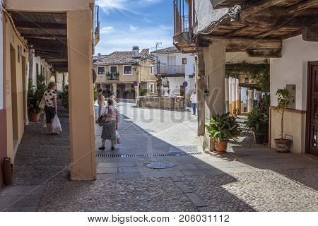 Guadalupe Spain - September 3th 2017: Three jets fountain square. Caceres Extremadura Spain