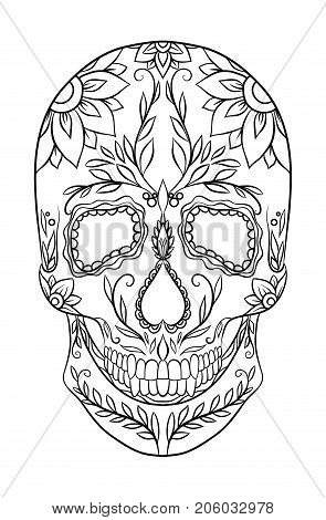 Contour black and white illustration of a sugar skull. The Feast of the Day of the Dead. Vector element for your creativity