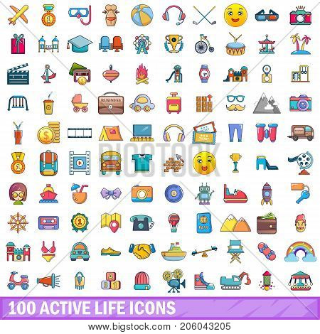 100 active life icons set in cartoon style for any design vector illustration