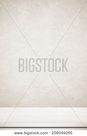 Empty white wood table over brwon cement wall vintage background banner template product display montage