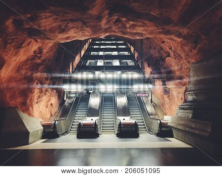 STOCKHOLM, SWEDEN - JUNE 10, 2017: Radhuset tunnelbanestation Underground Station of the Subway