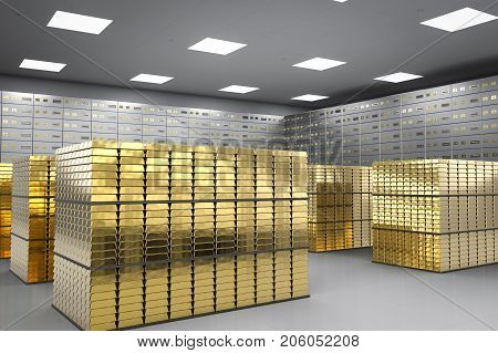 3d rendering heap of gold bullion and safe deposit boxes in room