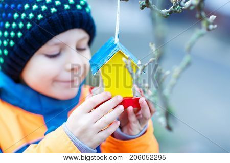 Little kid feeding birds in winter. Child hanging colorful selfmade bird house on tree on frosty cold day. Toddler in colorful wam clothes. Selective focus on hands and feeder with seeds