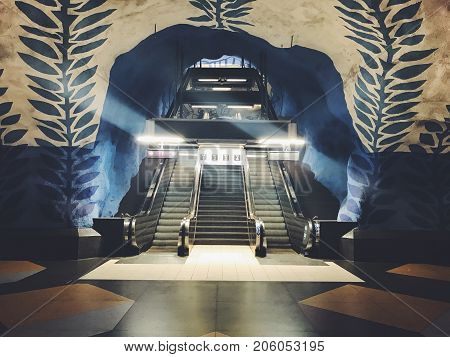 STOCKHOLM, SWEDEN - JUNE 10, 2017: T-Centralen tunnelbanestation Underground. Blue line, central station of the Subway