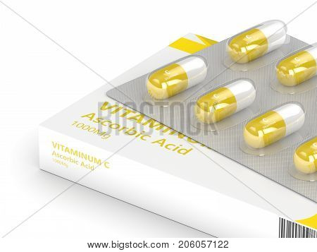 3D Render Of Vitamin C Pills On Blister