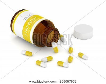 3D Render Of Vitamin C Pills In Bottle