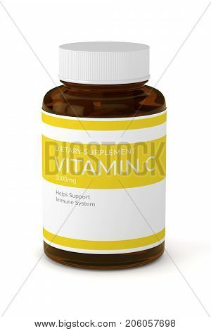 3D Render Of Vitamin C Pills In Bottle