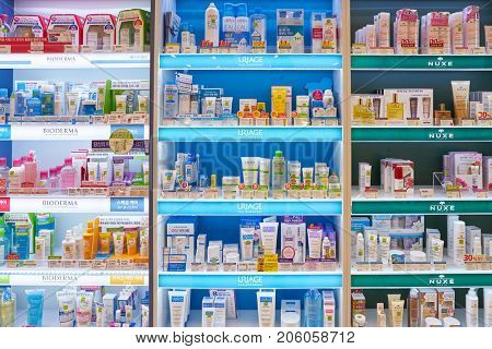 BUSAN, SOUTH KOREA - MAY 28, 2017: cosmetic products sit on display for sale at Olive Young shop at Lotte Department Store in Busan.