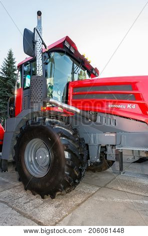 Russia Samara - September 23 2017: Modern agricultural tractor Kirovets K 4 exhibited at the annual Volga agro-industrial exhibition
