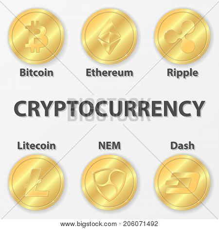 Set of 6 cryptocurrency icon. Golden bitcoin ethereum and etc