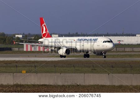Borispol, Ukraine - September 26, 2017: Turkish Airlines Airbus A321-200 aircraft running on the runway of Borispol International Airport on September 26, 2017. Editorial use only