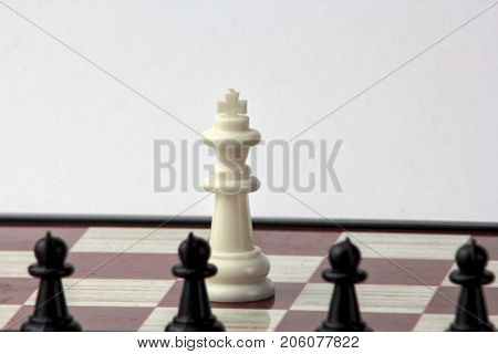 chess white queen in front of black pawns. concept of struggle. Isolated on white background.