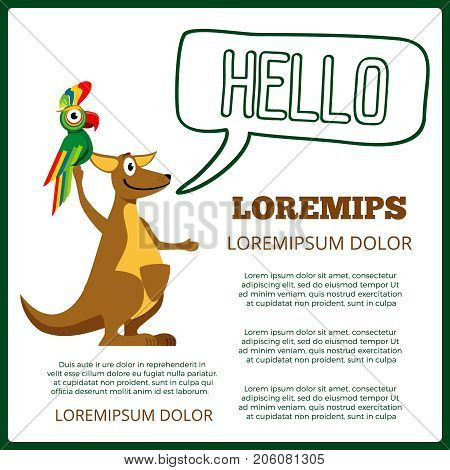 Children info poster with cartoon cangaroo parrot and bubble speech hello. Vector illustration