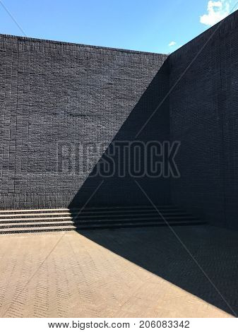 Poland, Gdansk - JUNE 12, 2017: Premise without roof, theater with gray walls in the open air