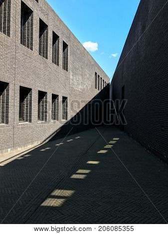 Poland, Gdansk - JUNE 12, 2017: Premise without roof, theater with gray walls in the open air