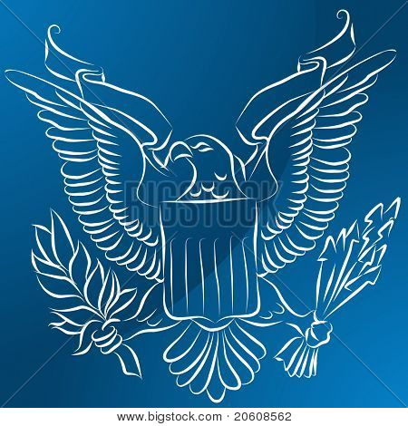 En bild av en örn med sköld på blå bakgrund.