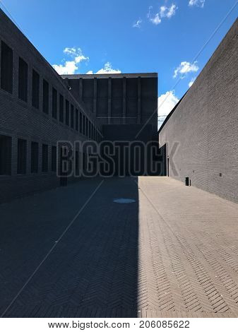Poland, Gdansk - JUNE 12, 2017: Premise without roof, theater with gray walls in the open air