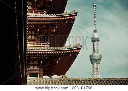 TOKYO, JAPAN - MAY 15: Skytree and historical architecture in temple on May 15, 2013 in Tokyo. Sensoji Temple, founded in 645 CE, making it the oldest temple in Tokyo.