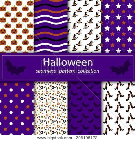 A set of paintings. Stock vector seamless plum fabric Halloween orange purple. happy holiday.
