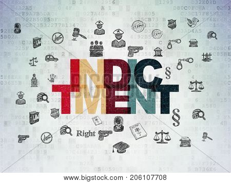 Law concept: Painted multicolor text Indictment on Digital Data Paper background with  Hand Drawn Law Icons