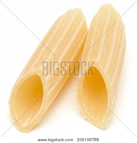 Italian pasta isolated on white background. Pennoni. Penne rigate.
